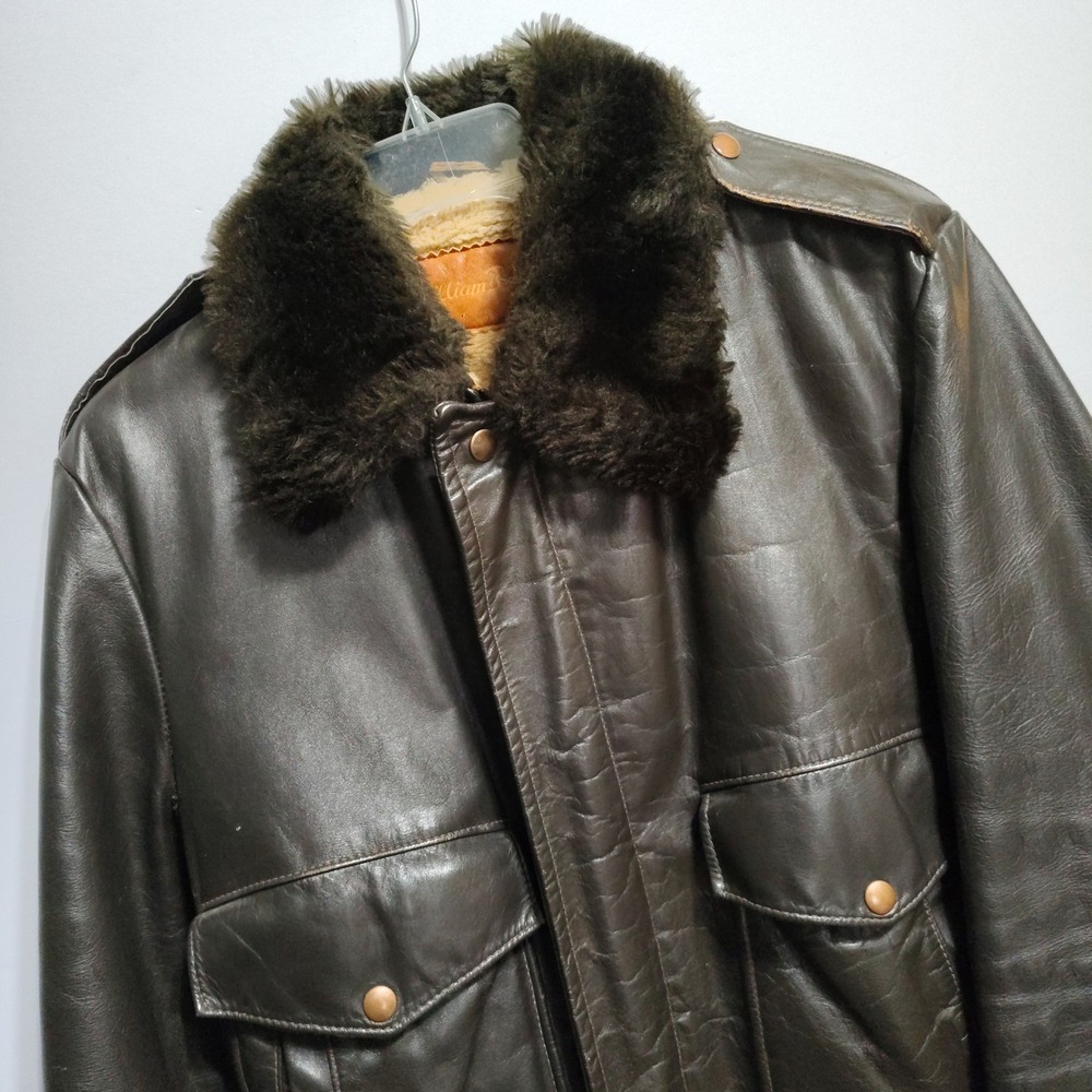Vintage 70s William Barry Brown Leather  Bomber Jacket‎ Fur Collar Aviator G1